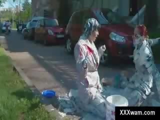 Two gowyja milfs involved in paint fight outside