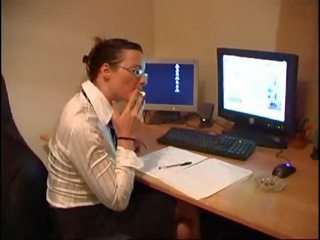 Busty brunette milf hottie gets hard up in the office vid