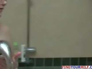 Russian mom with glasses fucked in the shower