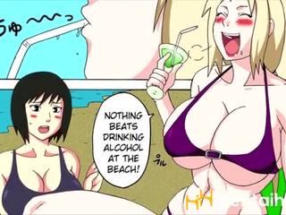 Naruto 三人行 在 该 海滩 同 tsunade, hinata 和 樱花